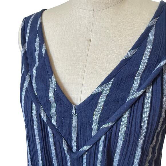 Vintage 70s Striped Summer Caftan Sundress in Blue & Silver Stripe Size Large - Picture 2 of 4